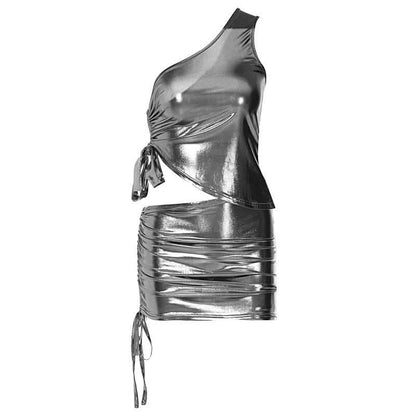 Metallic drawstring irregular one shoulder mini skirt set-final-sale