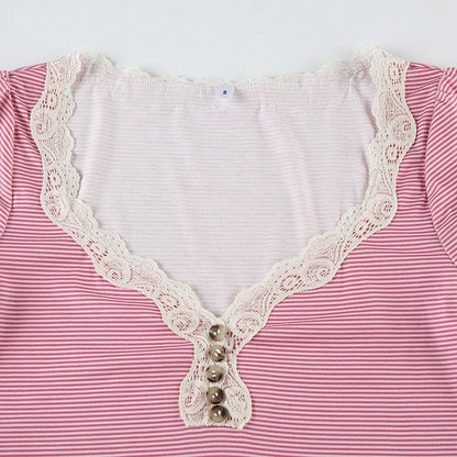 Short sleeve lace hem striped print button top
