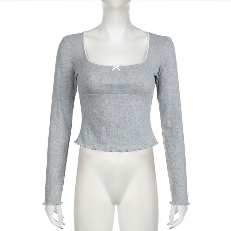 Square neck long sleeve bowknot ruffle top