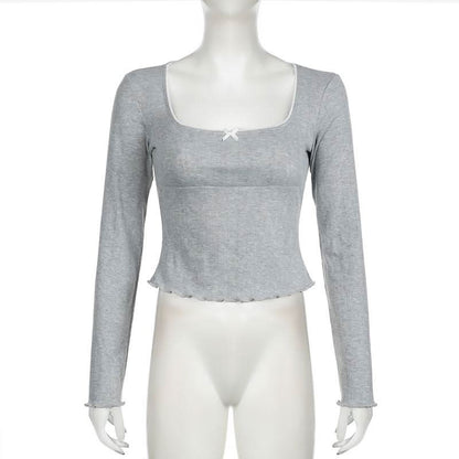 Square neck long sleeve bowknot ruffle top
