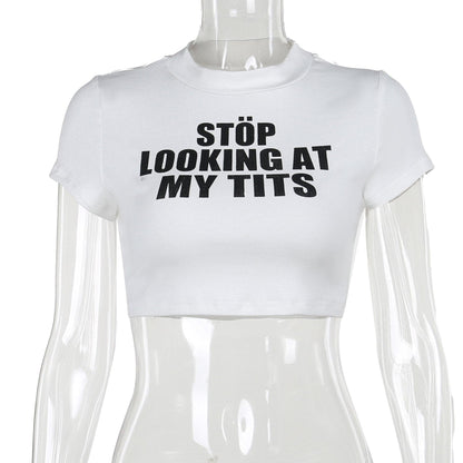 Short sleeve crewneck letter print crop top