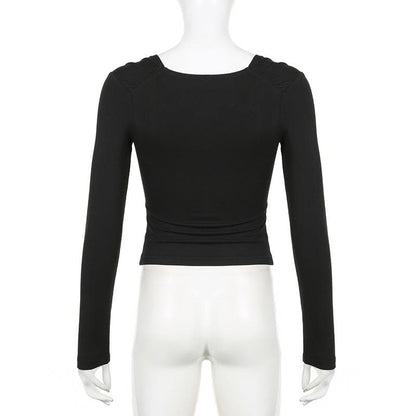Patchwork solid long sleeve bowknot v neck top