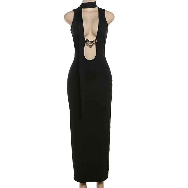 Hollow out metal applique cut out maxi dress-final-sale