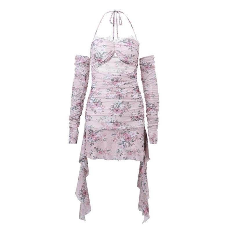 Halter hollow out lace hem flower print gloves cut out mini dress