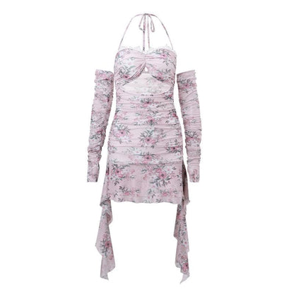 Halter hollow out lace hem flower print gloves cut out mini dress