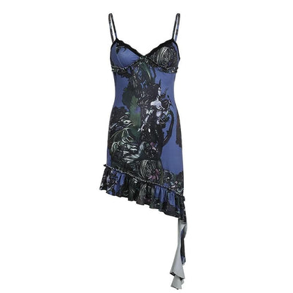 Lace hem v neck print backless cami mini dress