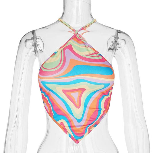 Contrast ripple halter backless self tie cross back crop top