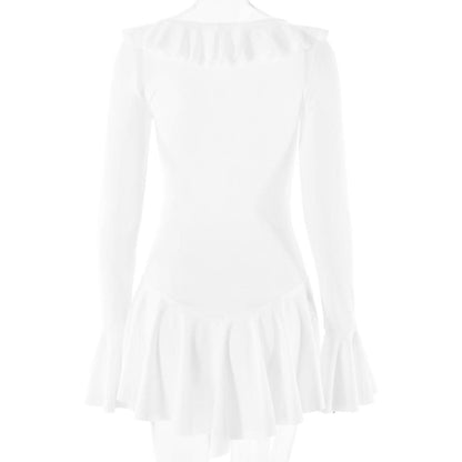 Long flared sleeve v neck self tie ruffle mini dress
