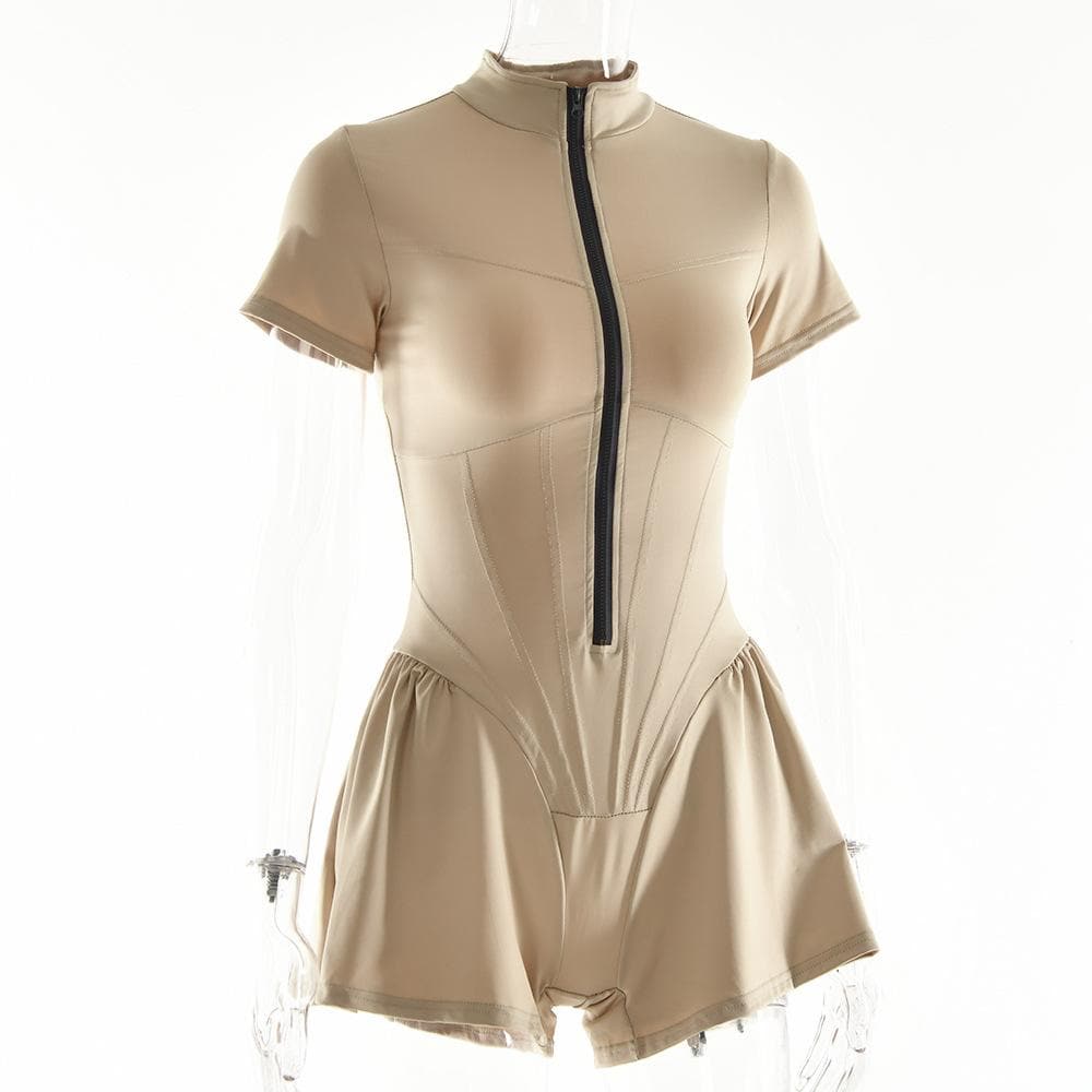 Corset short sleeve zip-up high neck contrast romper