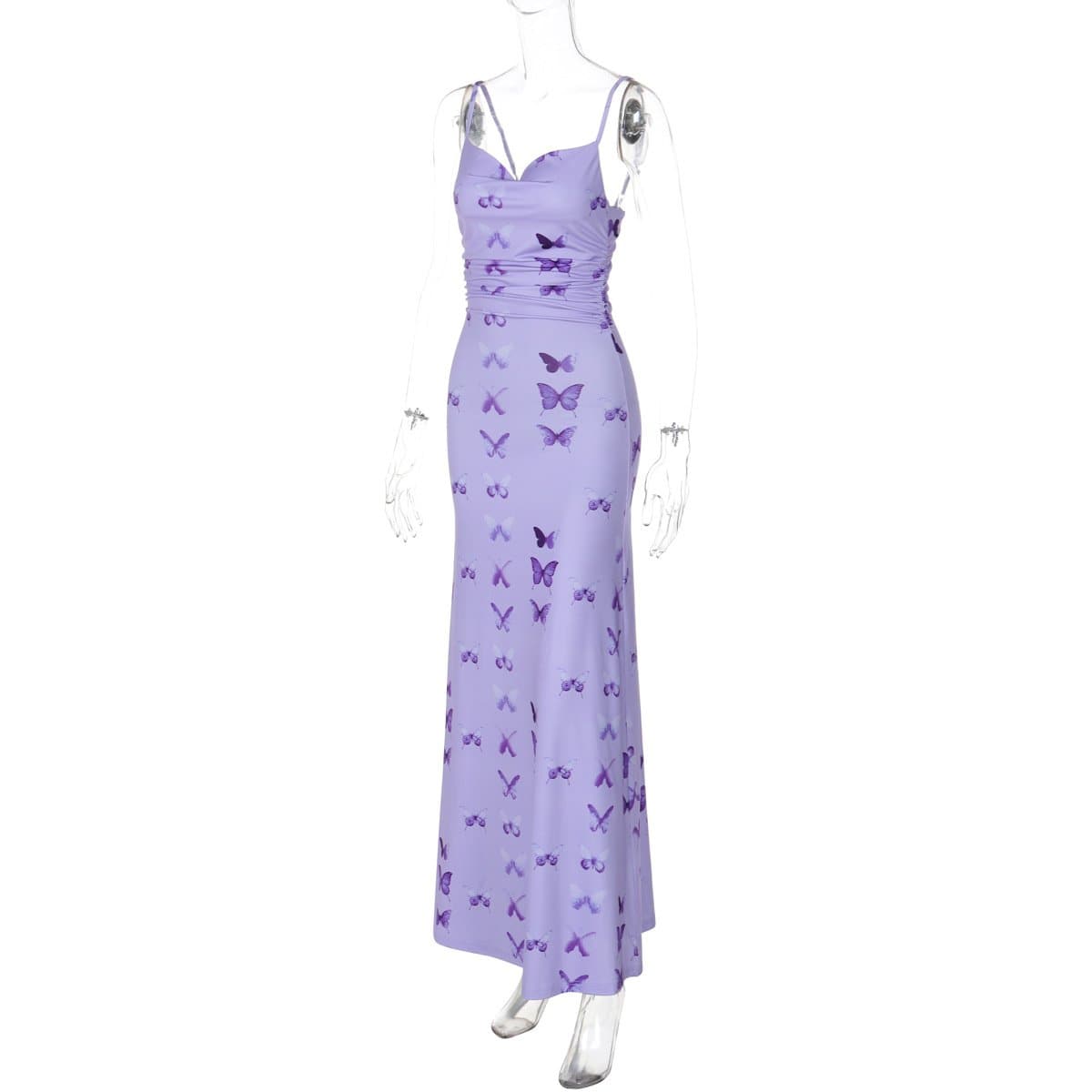 Butterfly print ruched cami maxi dress