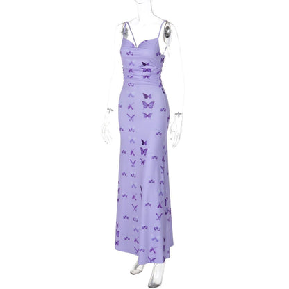 Butterfly print ruched cami maxi dress