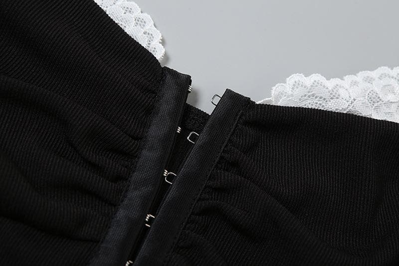 Halter lace hem button patchwork ribbed cami top