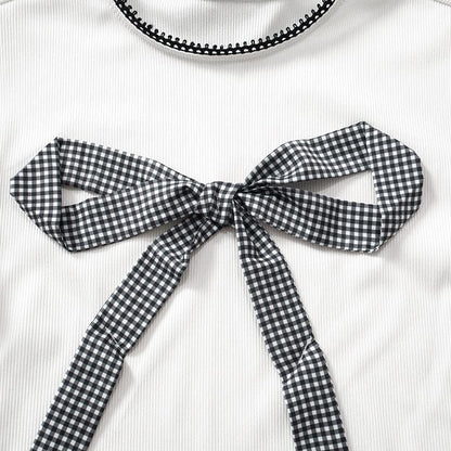Crew neck short sleeve lace hem bowknot top