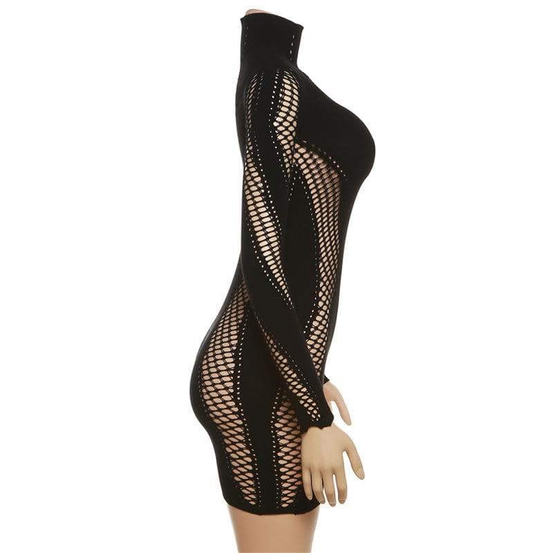 Mock Neck Long Sleeve Fishnet Mesh Panel Hollow Out Bodycon Mini Dress