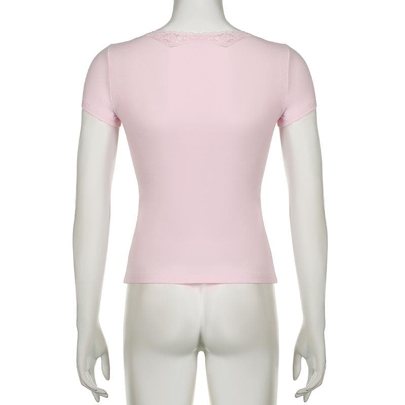 Short sleeve v neck ruched lace hem top