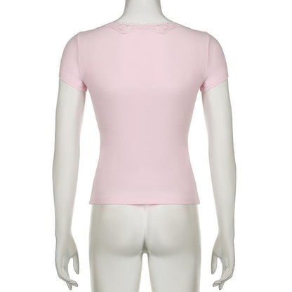 Short sleeve v neck ruched lace hem top
