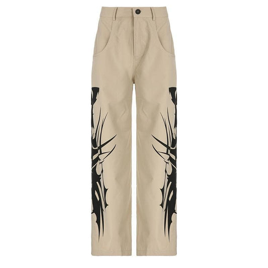 Abstract high rise button pocket contrast straight leg pant