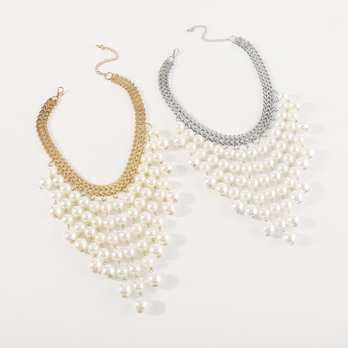 Layered faux pearl choker tassels necklace