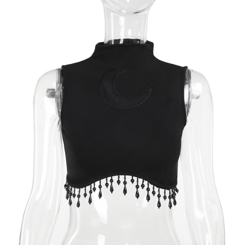 Sleeveless high neck moon pattern beaded crop top