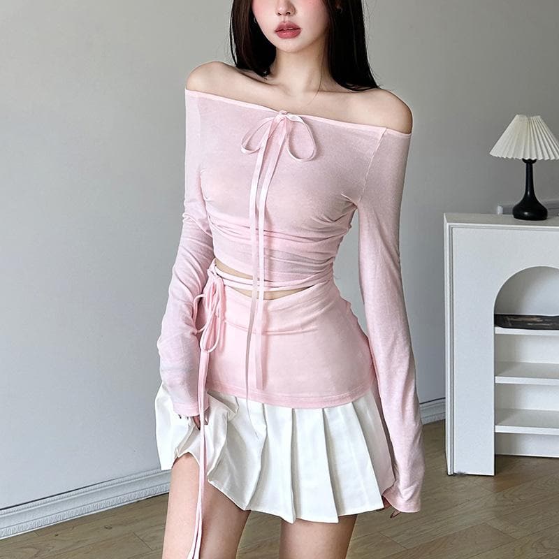 Long sleeve halter ribbon round neck top