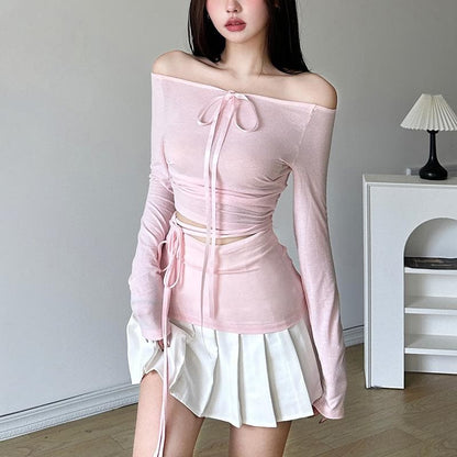 Long sleeve halter ribbon round neck top