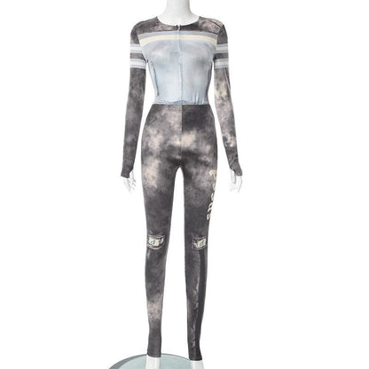 Tie dye contrast long sleeve gloves zip-up pant set