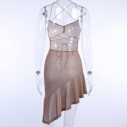 Glitter Spaghetti Strap Cross Back Ruched Asymmetric Ruffle Hem Mini Dress
