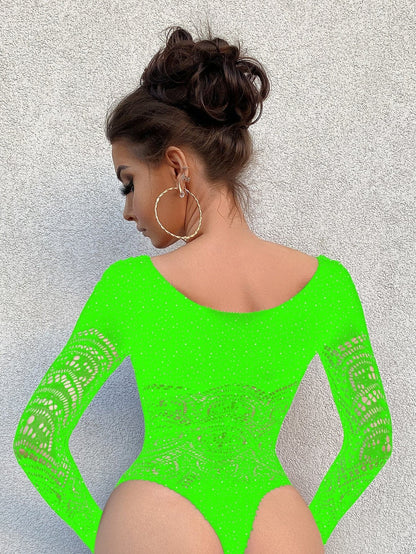Long sleeve net rhinestone backless bodysuit