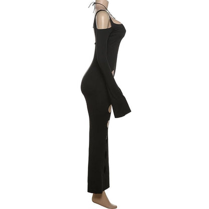 Hollow out long sleeve halter cross front self tie cut out maxi dress