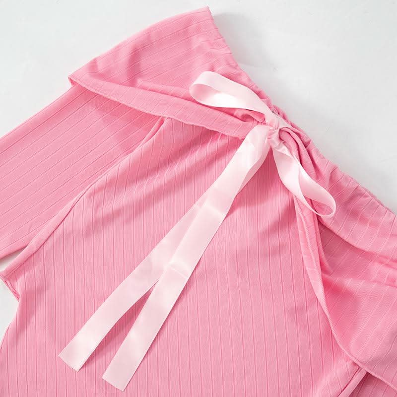 Irregular off shoulder bowknot ribbon long sleeve top
