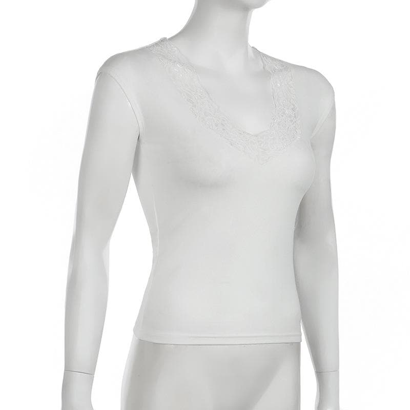 V neck cap sleeve lace hem top