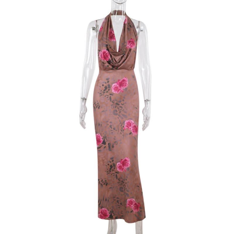 Halter cowl neck flower print ruched maxi dress
