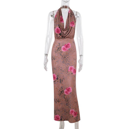 Halter cowl neck flower print ruched maxi dress
