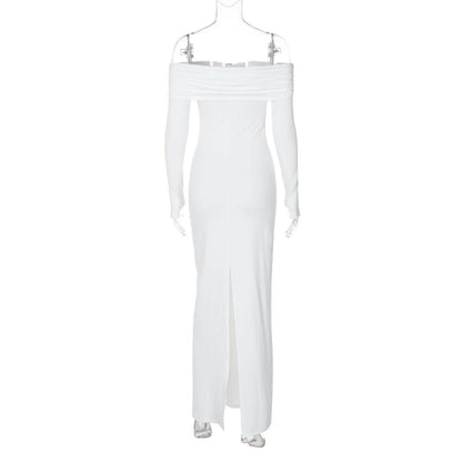 Off shoulder long sleeve slit o ring maxi dress