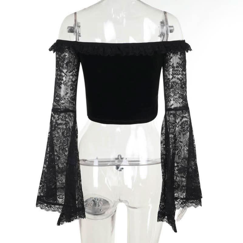 Long flared off shoulder lace cross applique top