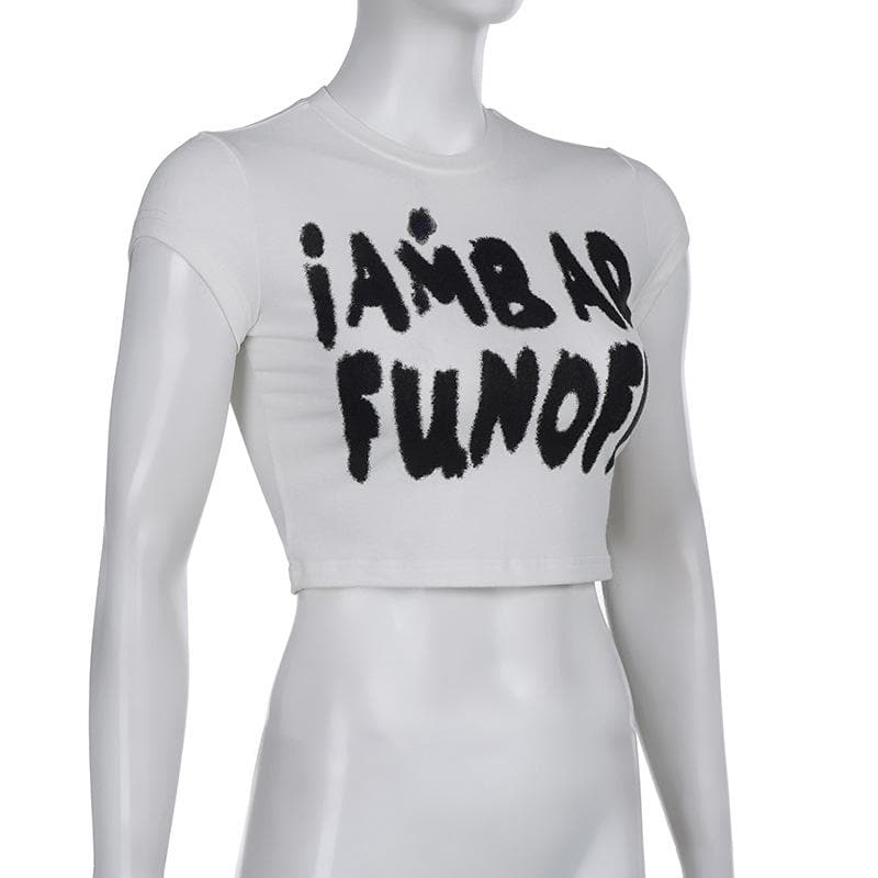 Cap sleeve crewneck "iAM BAD FUN OFF" pattern crop top