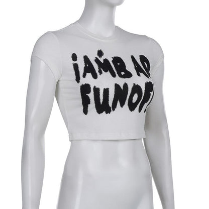 Cap sleeve crewneck "iAM BAD FUN OFF" pattern crop top