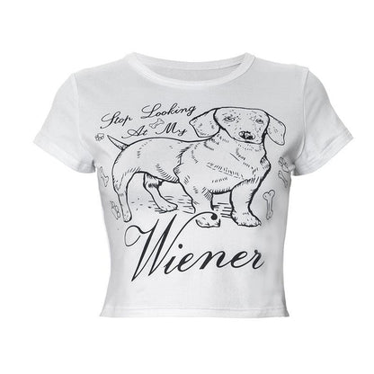 Crew neck short sleeve dog print crop top