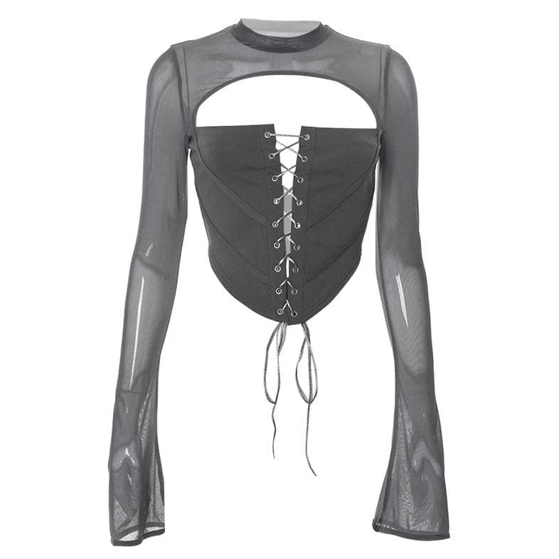 Lace up flared sleeve crewneck corset hollow out backless cut out top