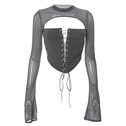 Lace up flared sleeve crewneck corset hollow out backless cut out top