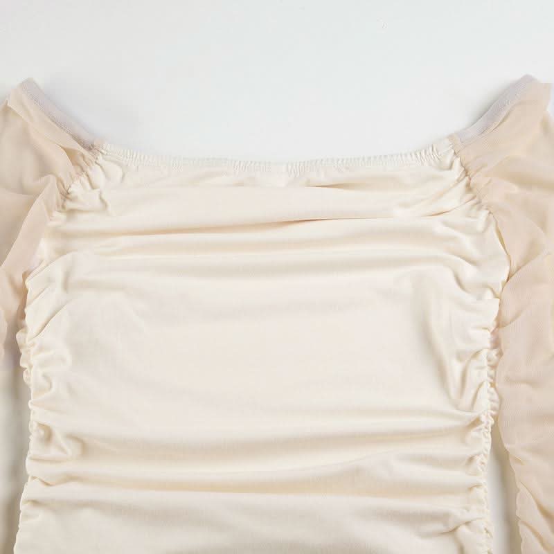 Long sleeve off shoulder mesh ruched top