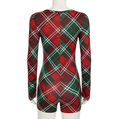 V neck long sleeve plaid button romper