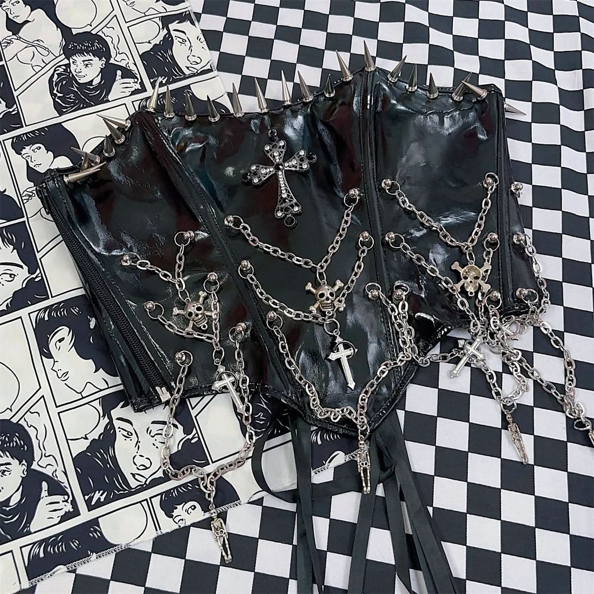 Zip-up metal chain cross applique PU leather lace up top