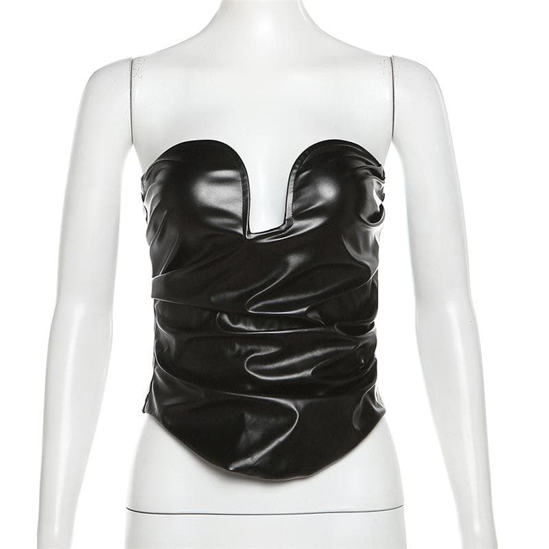 PU leather ruched sweetheart neck solid tube top