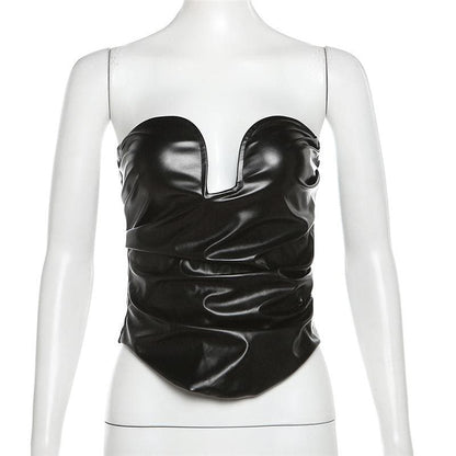PU leather ruched sweetheart neck solid tube top