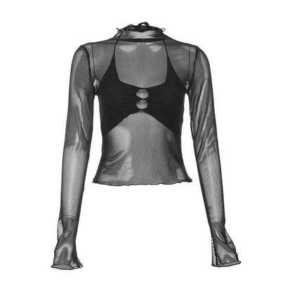 Long sleeve mesh high neck ruffle self tie solid 2 piece crop top