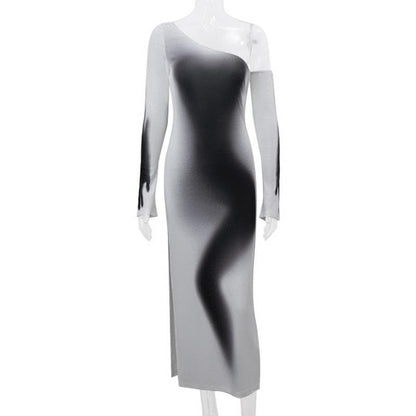 Long sleeve one shoulder ruched palm print gradient slit maxi dress- Final Sale