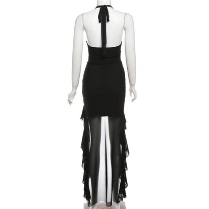 Halter cowl neck flower applique ruffle maxi dress