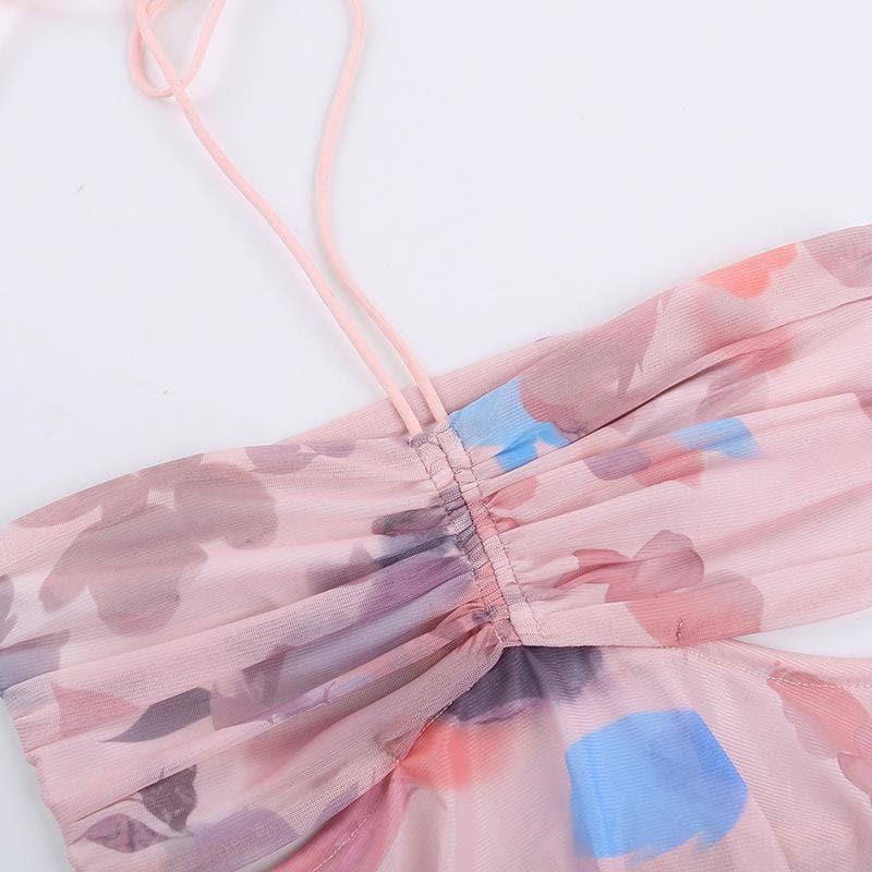 Halter drawstring ruched mesh print top