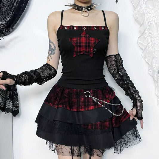 Square neck hollow out star print plaid cami cut out top